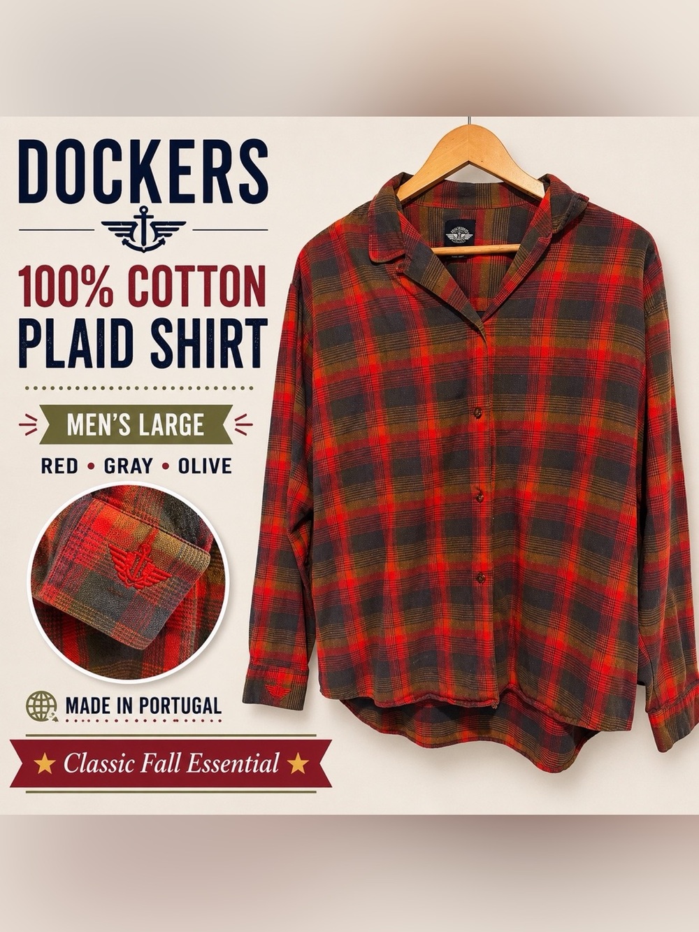 Dockers Red Gray Plaid Button Front Flannel Shirt Large 100% Cotton